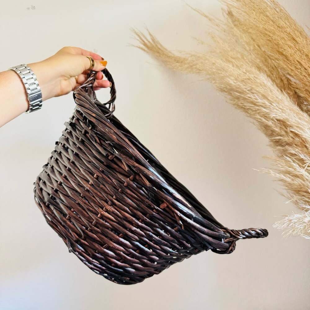 VINTAGE Brown Wood Wicker Woven Low Basket Accent Decor Vase Handles Y2K 90s